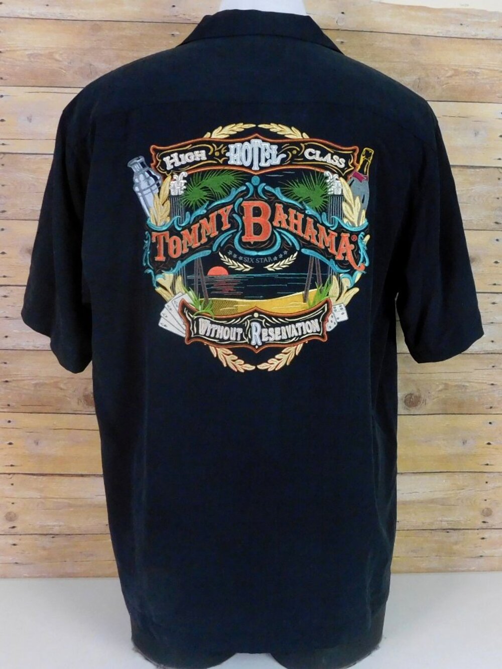 Tommy Bahama Hawaiian Camp Shirt Mens Medium Black Embroidered Silk